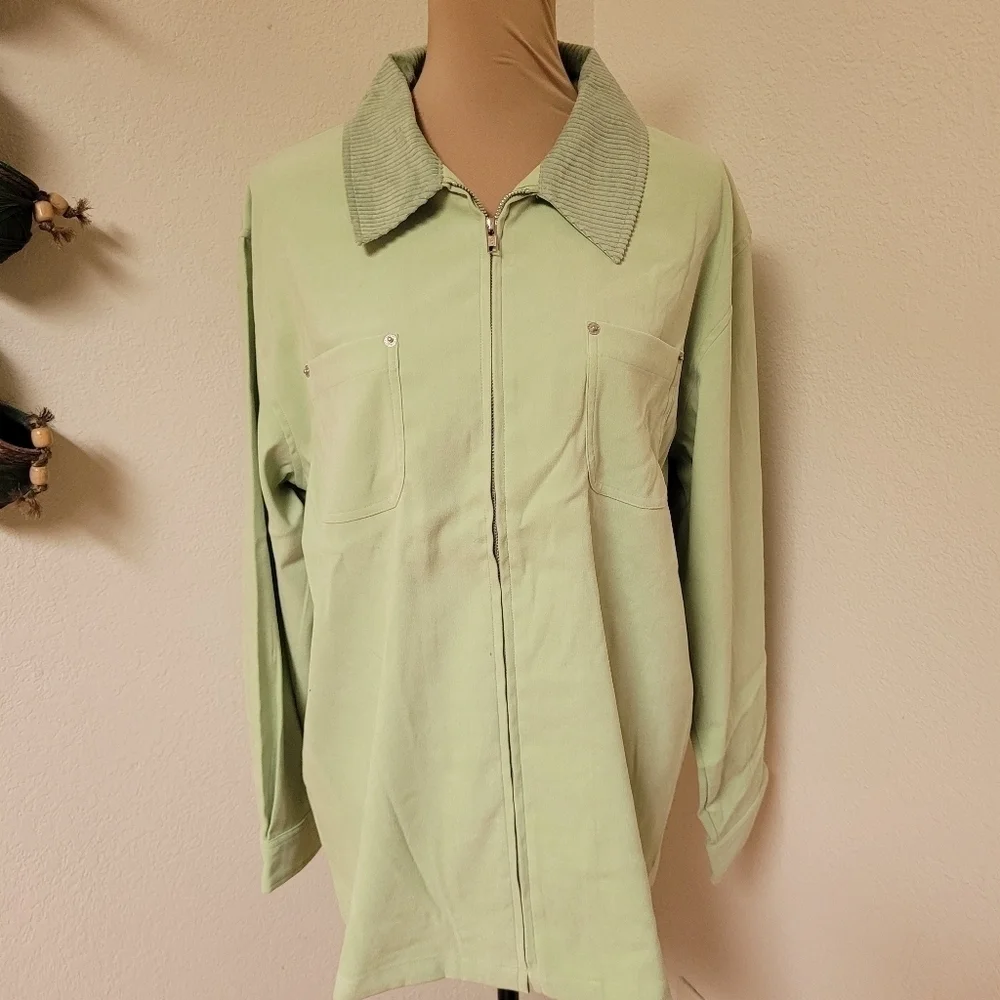 NWT Denim & Co Green Zip up Jacket with Corduroy Collar